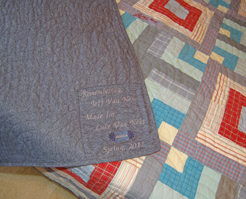Label on boy's bereavement quilt