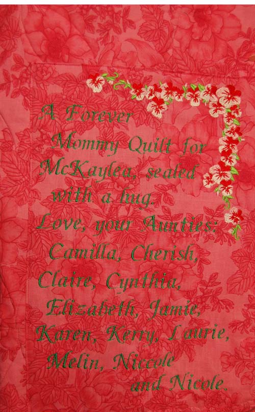 Label for young girl's bereavement quilt
