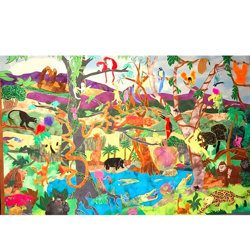 Large pictorial wall quilt by Rosie Rhine of Rhino Quilting packed with colorful jungle animals among trees and vines. Red monkeys hang from branches at the top, a blue parrot and a toucan perch among the leaves, and a spotted jaguar rests at the lower right. Crocodiles, a hippo, and a pink flamingo gather around a blue pond at the center, with orange vines winding through the scene. Green foliage and purple hills fill the background under a pale blue sky.