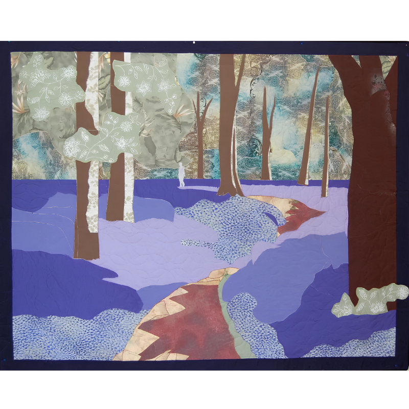 Pictorial art quilt by Rosie Rhine of Rhino Quilting showing a woodland path through a bluebell wood. Slim brown tree trunks and pale sage-green foliage rise against a teal and gold patterned background, and a tiny pale figure stands among the trees in the distance. The forest floor is a carpet of blue, lavender, and purple fabrics, some dotted with small white flowers. A winding reddish-brown path crosses the foreground from the lower center toward the middle of the scene. A dark navy border frames the quilt.