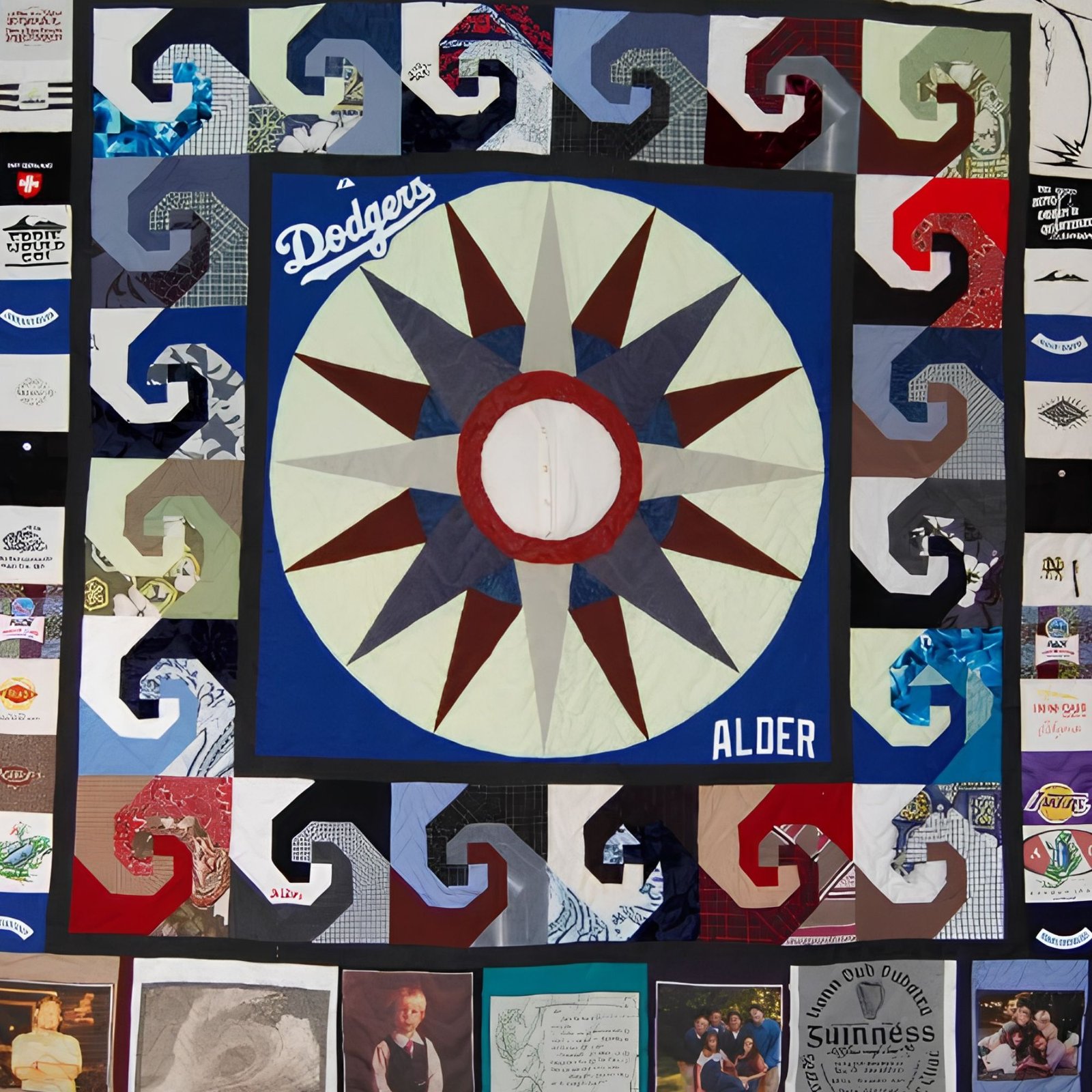 Memory quilt by Rosie Rhine of Rhino Quilting centered on a large compass-rose star in navy, maroon, and cream, set in a cream circle on a blue square. The blue square includes a Dodgers logo above the star and the name “Alder” below it. Around it is a black border and a ring of pinwheel-style blocks in blue, red, black, and white fabrics, some cut from printed T-shirts. A bottom row of photo panels shows people, and one panel reads “Guinness.”