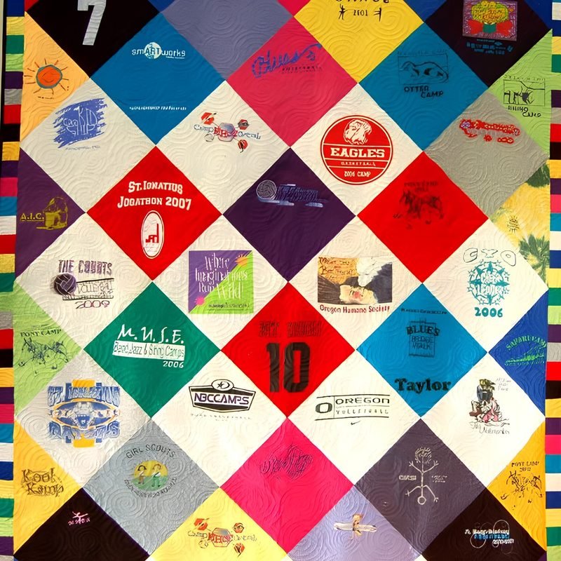 T-shirt quilt by Rosie Rhine of Rhino Quilting with the shirt squares set on point in a diamond pattern. The diamonds alternate between white and bold solid colors, including red, pink, green, blue, purple, and black. Each one holds a shirt logo from a school, camp, or team, including Eagles, St. Ignatius Jogathon 2007, and M.U.S.E. A multicolored striped border runs along the edge, and fine swirling quilting stitches cover the white areas.