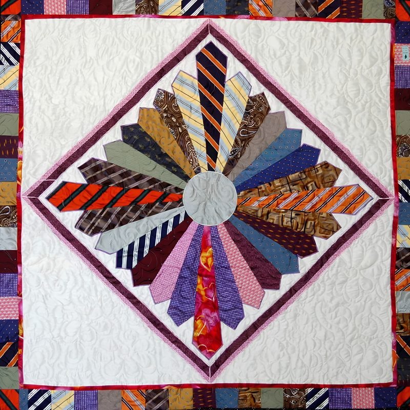 Necktie quilt by Rosie Rhine of Rhino Quilting with a diamond-shaped circle of neckties fanning out from a small gray center. The ties are in orange, red, green, navy, pink, purple, and tan, in stripes, paisleys, and solid patterns. The diamond sits on a cream background with swirling quilting, and a narrow magenta border frames it. A wide outer border of small multicolored tie strips runs around the edge.