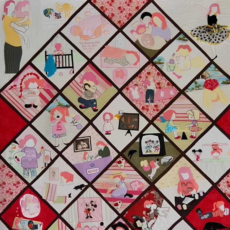 Bed-sized appliqué quilt by Rosie Rhine of Rhino Quilting, made of squares set on point and separated by dark brown sashing. The squares are in pinks, reds, creams, and soft greens, and each holds a scene of a red-haired girl at different ages, such as being held by her mother, sleeping in a crib, playing, dressing up, dancing in a polka-dot tutu, and holding a Minnie Mouse-style picture. Small details like a toy bunny, framed pictures, and a TV with cartoon characters fill the blocks.