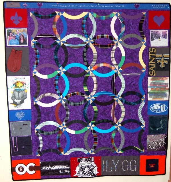 Double wedding ring bereavement quilt for Grant's parents with many added personal touches