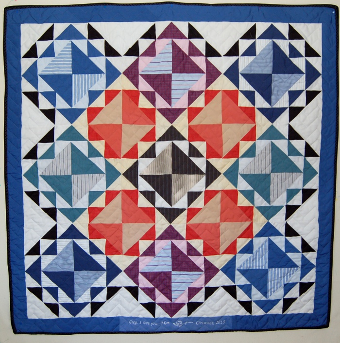 Bereavement quilt for mother using grown son's shirts