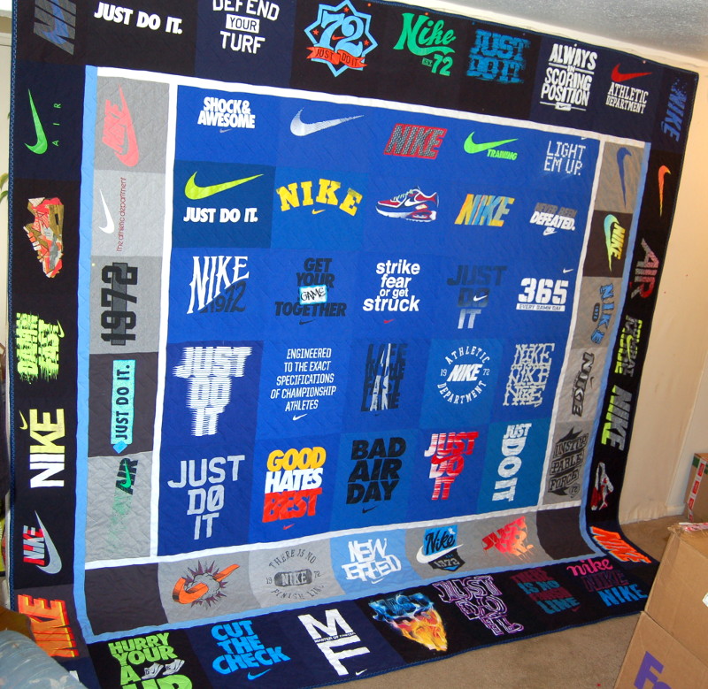 King-sized T-shirt quilt displaying a partial collection of Nike shirts